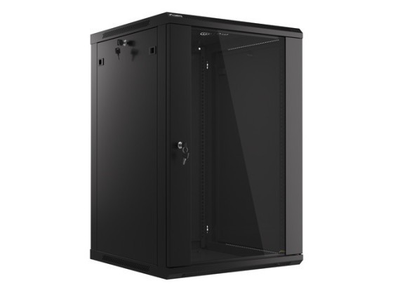 19" RACKOVÁ SKŘÍŇ PRO MONTÁŽ NA STĚNU 18U/600X600 (PLOCHÉ BALENÍ) S PROSKLENÝMI DVEŘMI ČERNÁ LANBERG V2