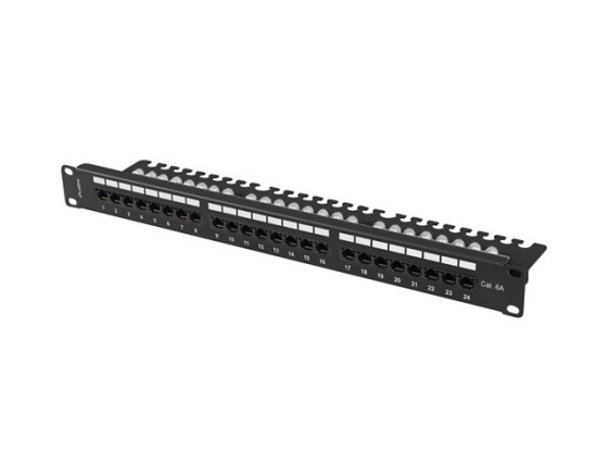 PATCH PANEL 24 PORTŮ 1U 19" CAT.6A UTP S POLICÍ ČERNÝ LANBERG