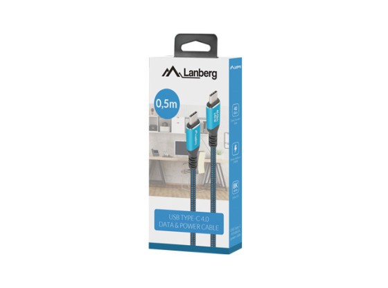 KABEL USB-C M/M 4.0, 0,5 m, 240 W, 8K, 60 Hz, černá-modrá krabička, LANBERG