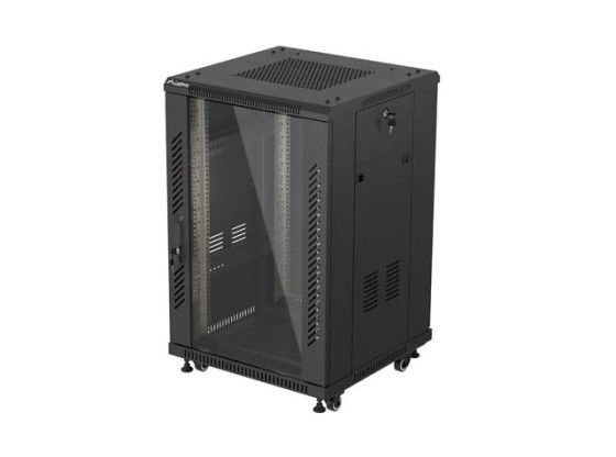 19" SAMOSTATNÁ RACKOVÁ SKŘÍŇ 18U/600×600 (V ROZLOŽENÉM STAVU) SE SKLENĚNÝMI DVEŘMI, ČERNÁ, LANBERG