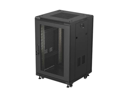 19" SAMOSTATNÁ RACKOVÁ SKŘÍŇ 18U/600×600 (V ROZLOŽENÉM BALENÍ) S MŘÍŽKOVÝMI DVEŘMI, ČERNÁ, LANBERG