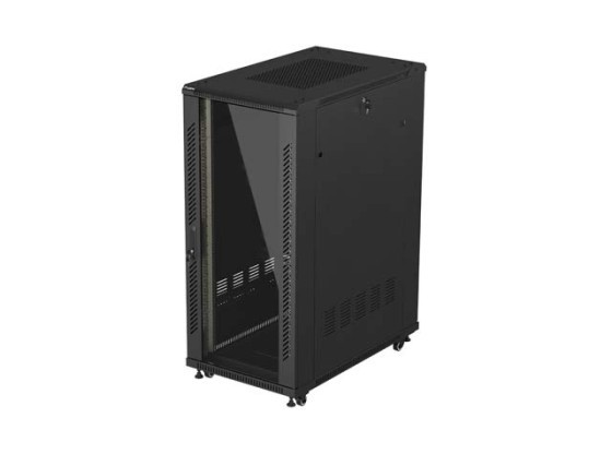 19" SAMOSTATNÁ RACKOVÁ SKŘÍŇ 27U/600×1000 (V ROZLOŽENÉM BALENÍ) SE SKLENĚNÝMI DVEŘMI, ČERNÁ, LANBERG