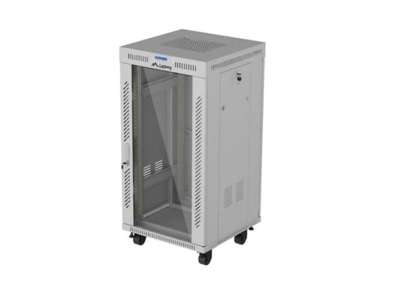 19" SAMOSTATNÁ RACKOVÁ SKŘÍŇ 22U/600×600 (V ROZLOŽENÉM BALENÍ) SE SKLENĚNÝMI DVEŘMI, LCD, ŠEDÁ, LANBERG V2