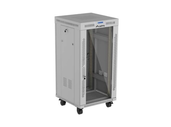 19" SAMOSTATNÁ RACKOVÁ SKŘÍŇ 22U/600×600 (V ROZLOŽENÉM BALENÍ) SE SKLENĚNÝMI DVEŘMI, LCD, ŠEDÁ, LANBERG V2