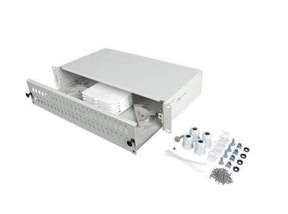 19" 2U optický patch panel LANBERG pro montáž do racku, 48xSC simplex / 48xLC duplex, šedý + příslušenství