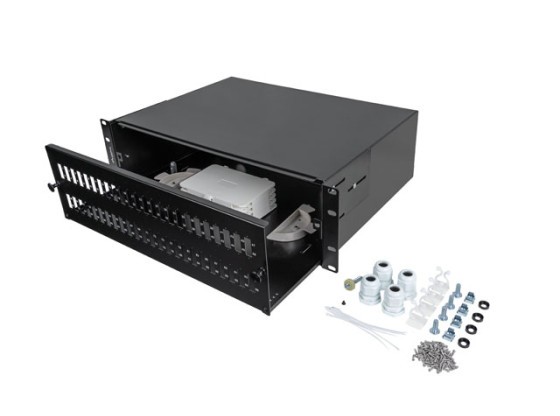 19" 3U optický patch panel LANBERG pro montáž do racku, 48xSC duplex / 48xLC quad, černý + příslušenství