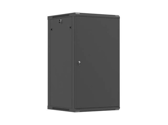 19" nástěnná skříň do racku, 22U, 600 × 600 (v rozloženém stavu) s kovovými dveřmi, černá, LANBERG