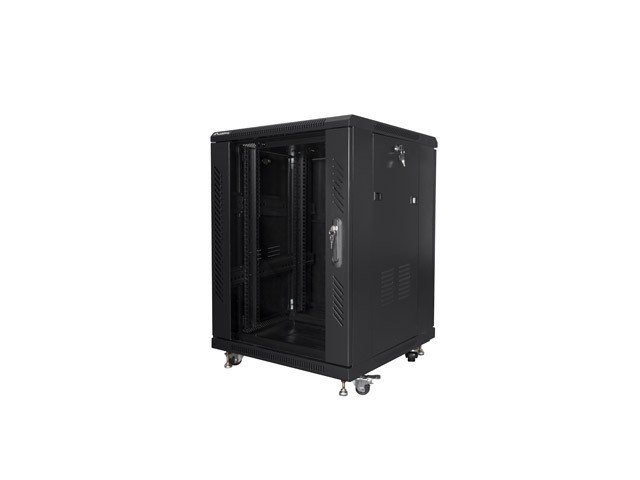 RACKOVÁ SKŘÍŇ 19" VOLNĚ STOJÍCÍ 15U/600X600 S PROSKLENÝMI DVEŘMI ČERNÁ LANBERG (SMONTOVANÁ)